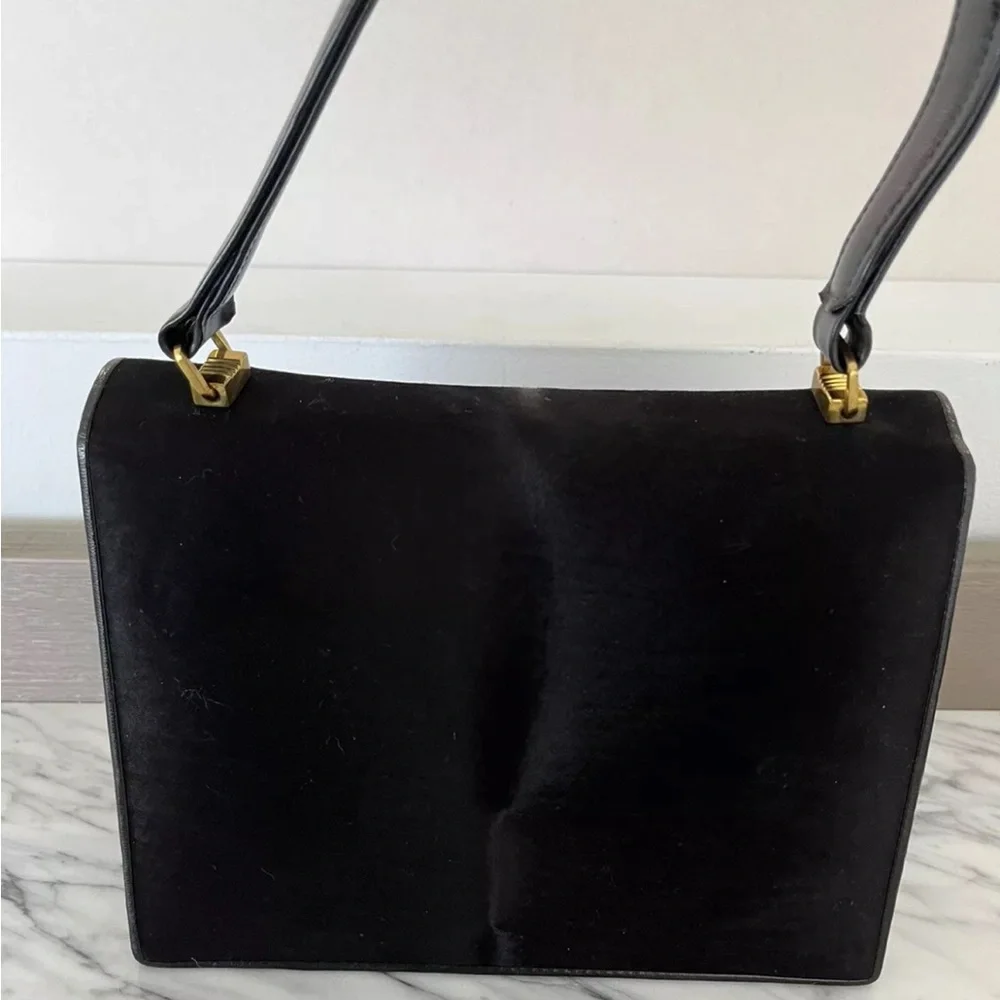 Black Purse Double Flap Evening Bag Leather Pony Satin Gold Vintage 50s 60s